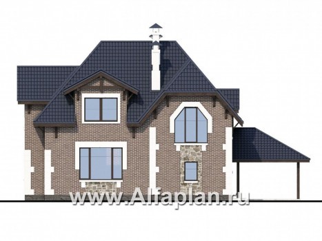 Проекты домов Альфаплан - «Корона» - коттедж с гаражом, навесом и красивым эркером - превью фасада №4