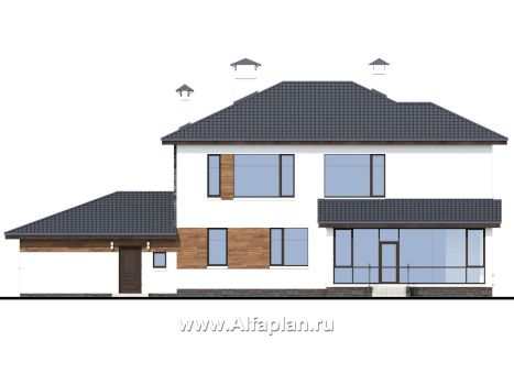 Проекты домов Альфаплан - «Прайд» - современный коттедж с остекленной верандой и гаражом - превью фасада №4