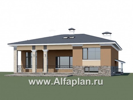 Проекты домов Альфаплан - «Суверен» - полутораэтажный коттедж с небольшим цоколем и мансардой - превью дополнительного изображения №1