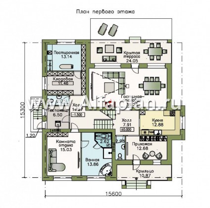 Проекты домов Альфаплан - «Суверен» - полутораэтажный коттедж с небольшим цоколем и мансардой - превью плана проекта №1