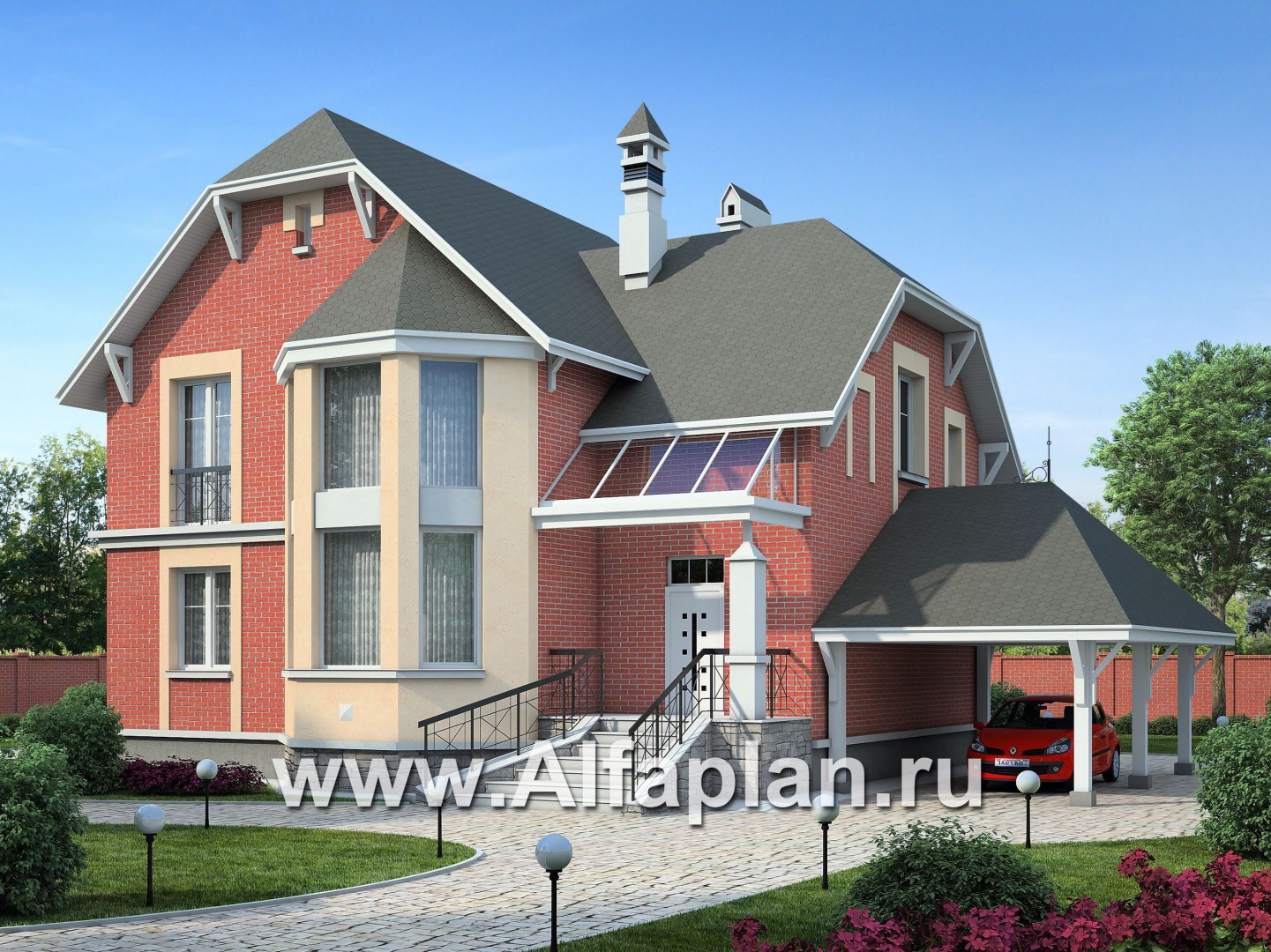 Проекты домов Альфаплан - «Фаворит» - коттедж с эркером и навесом для машины - основное изображение