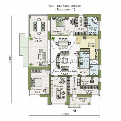 Проекты домов Альфаплан - «Ангара» - стильный одноэтажный коттедж с террасой - превью плана проекта №1