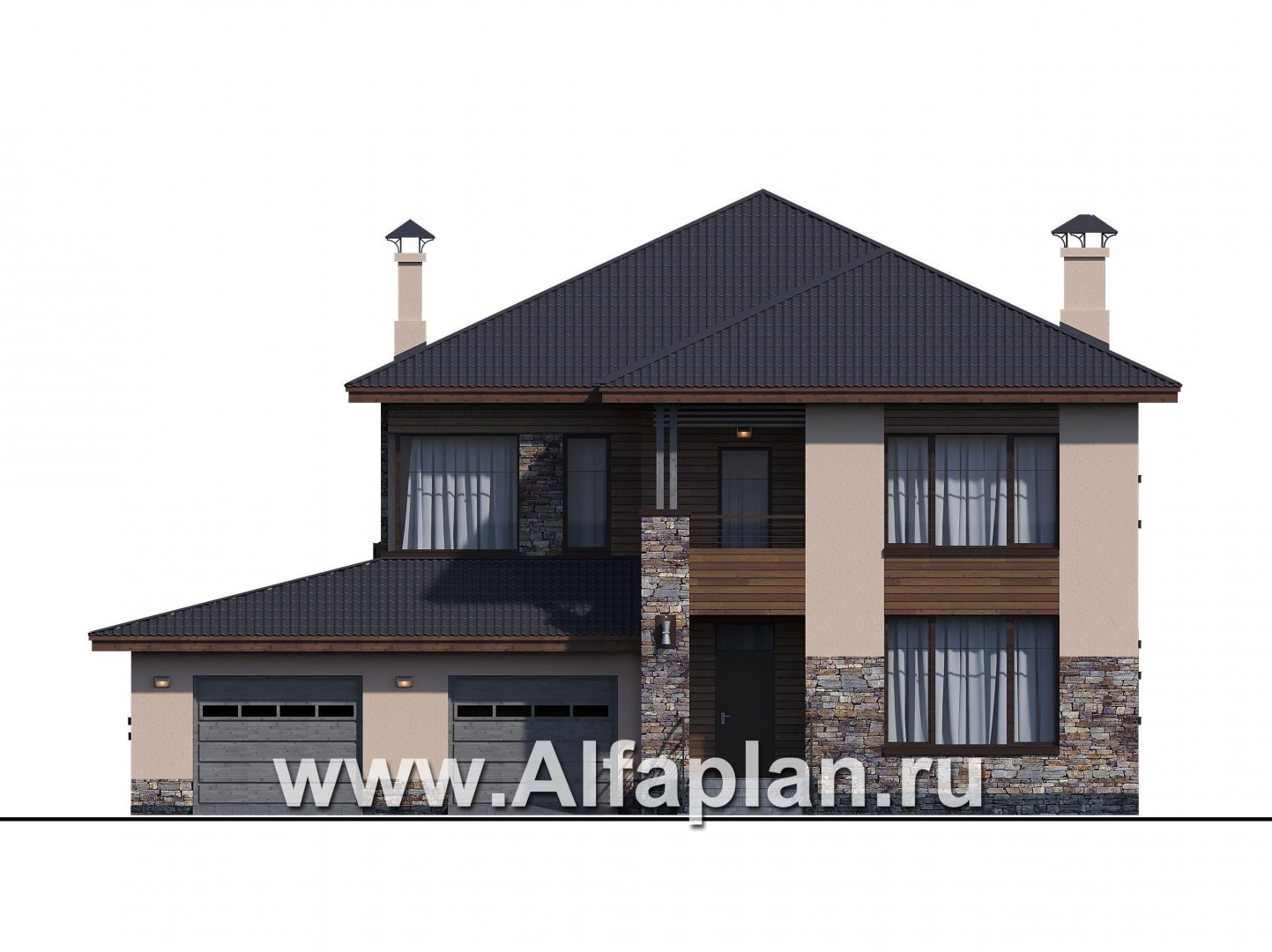 Проекты домов Альфаплан - «Родос» - стильный двухэтажный дома с гаражом на две машины - изображение фасада №1