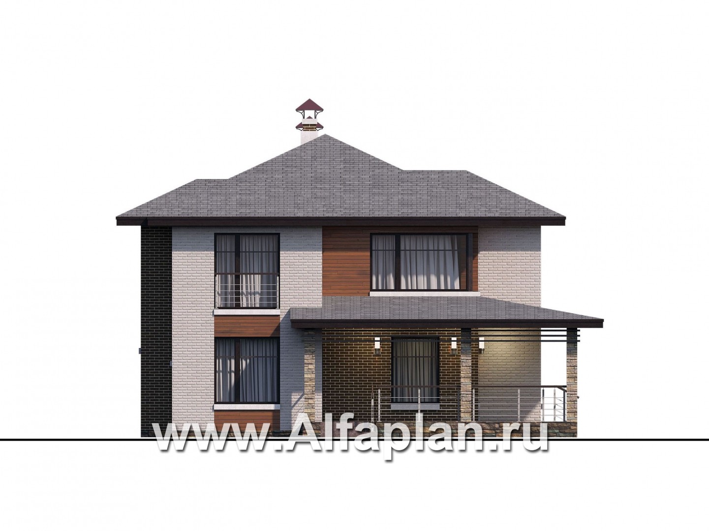 Проекты домов Альфаплан - «Квантум» - двухэтажный дом с большой террасой,  с комнатой на 1-ом этаже - изображение фасада №2