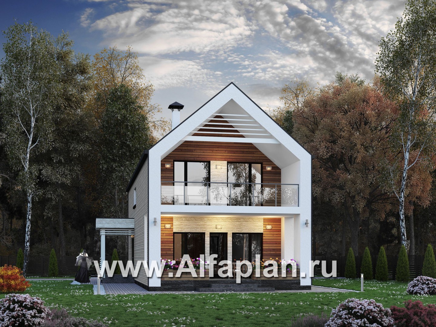 Проекты домов Альфаплан - «Барн» - современный мансардный дом с боковой террасой и балконом - основное изображение