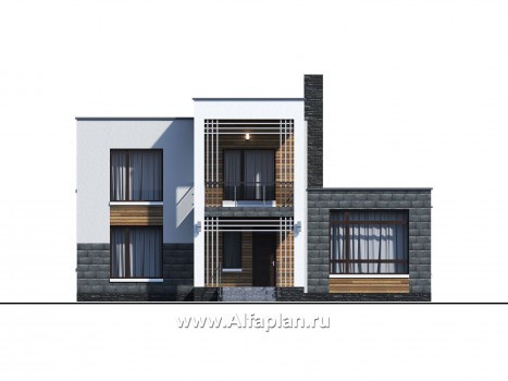 Проекты домов Альфаплан - «Футура» - современный двухэтажный дом с плоской кровлей - превью фасада №1