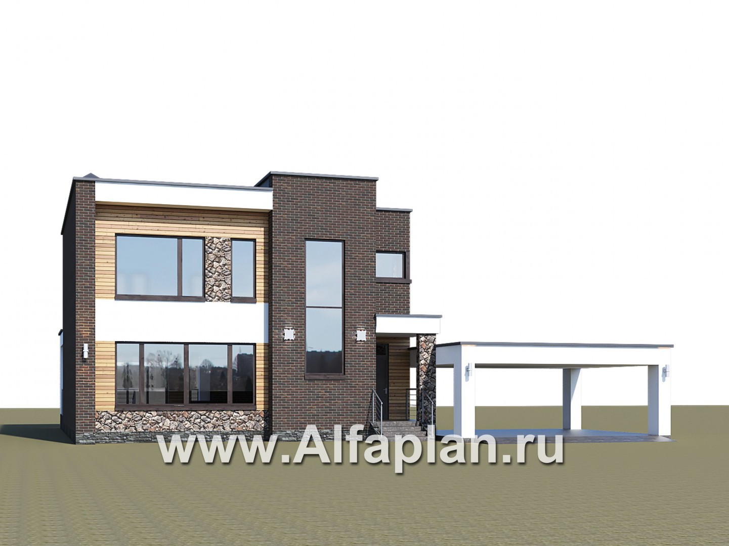 Проекты домов Альфаплан - «Эрго» - проект двухэтажного дома с плоской кровлей 10х10м, с гаражом-навесом - дополнительное изображение №1
