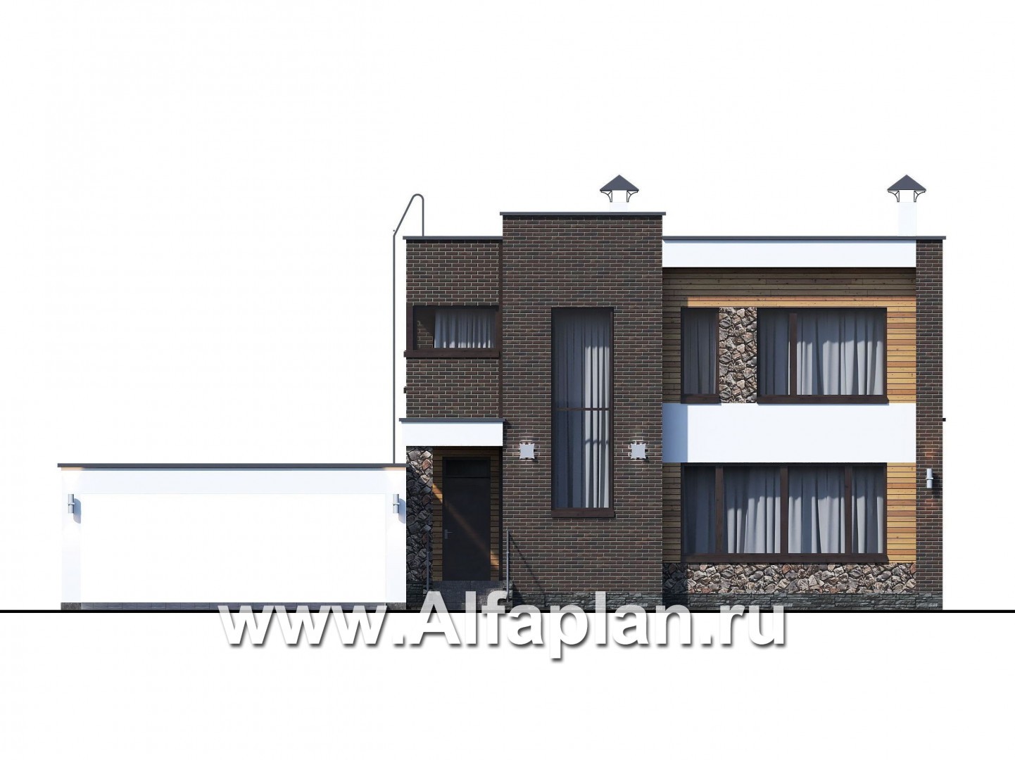 Проекты домов Альфаплан - «Эрго» - проект двухэтажного дома с плоской кровлей 10х10м, с гаражом-навесом - изображение фасада №1