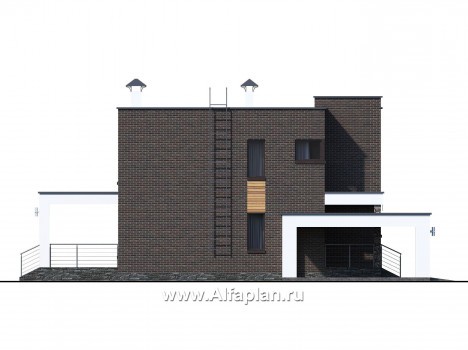 Проекты домов Альфаплан - «Эрго» - проект двухэтажного дома с плоской кровлей 10х10м, с гаражом-навесом - превью фасада №4