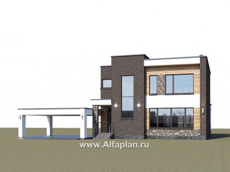 Проекты домов Альфаплан - «Эрго» - проект двухэтажного дома с плоской кровлей 10х10м, с гаражом-навесом - превью дополнительного изображения №1