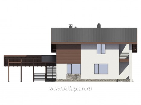 Проект двухэтажного дома,  с навесом на 1 авто, в современном стиле - превью фасада дома