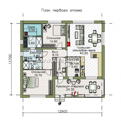 Проекты домов Альфаплан - «Веда» - проект одноэтажного дома с сауной - превью плана проекта №1