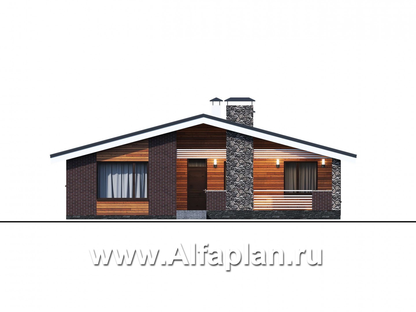 Проекты домов Альфаплан - «Веда» - проект одноэтажного дома с двускатной кровлей (три спальни) - изображение фасада №2