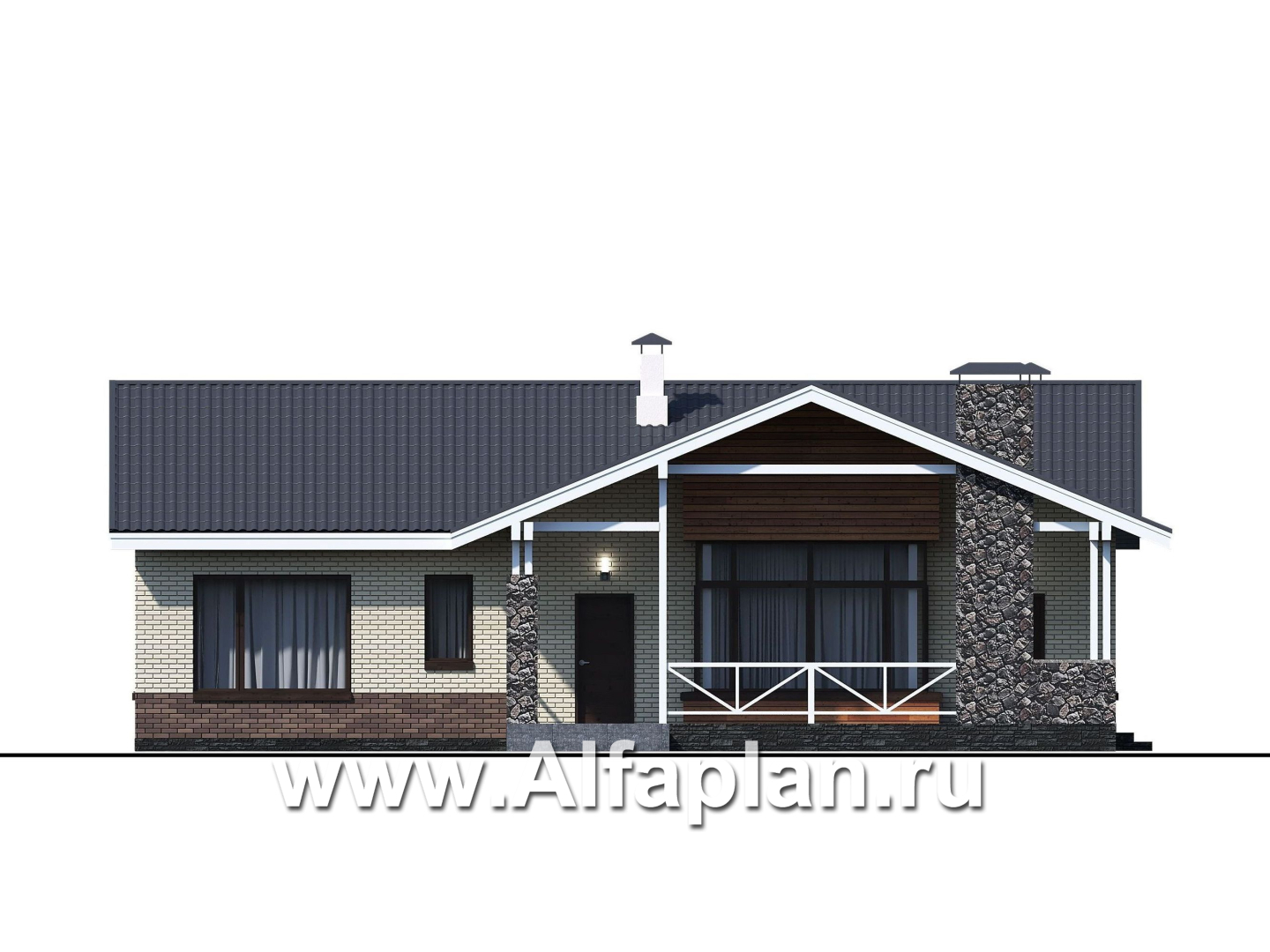 Проекты домов Альфаплан - «Бережки» - одноэтажный коттедж:  удачный план дома, красивый фасад - изображение фасада №1