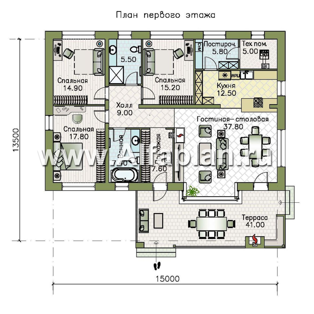 Проекты домов Альфаплан - «Бережки» - одноэтажный коттедж:  удачный план дома, красивый фасад - изображение плана проекта №1