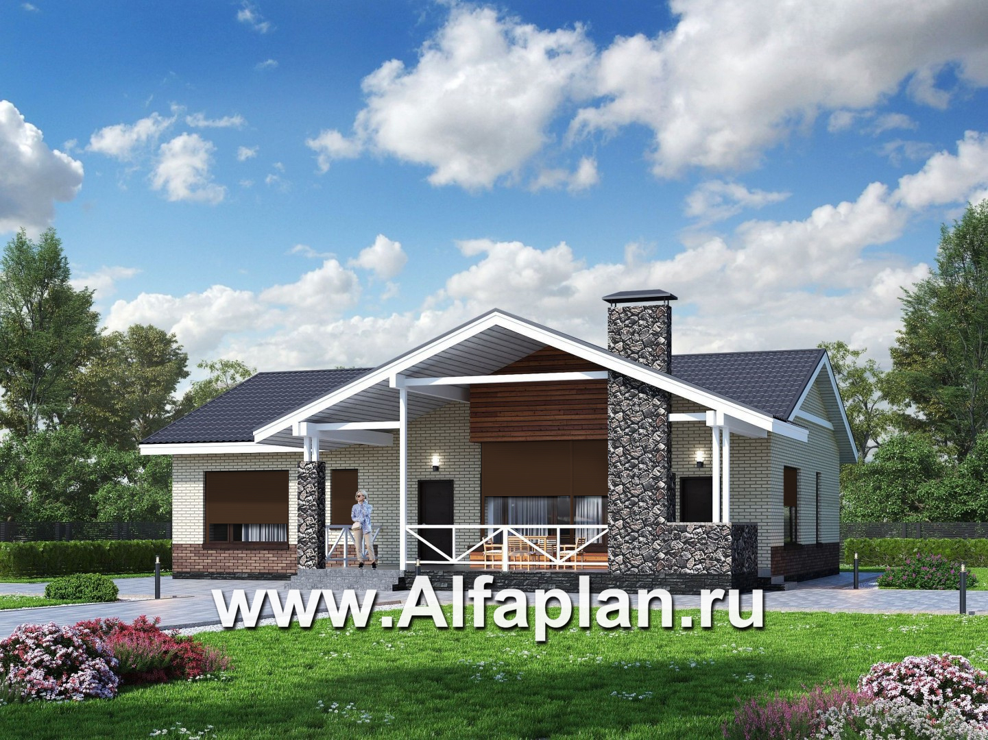 Проекты домов Альфаплан - «Бережки» - одноэтажный коттедж:  удачный план дома, красивый фасад - дополнительное изображение №2