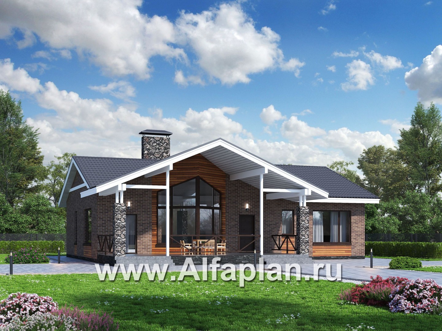Проекты домов Альфаплан - «Бережки» - одноэтажный коттедж:  удачный план дома, красивый фасад - основное изображение