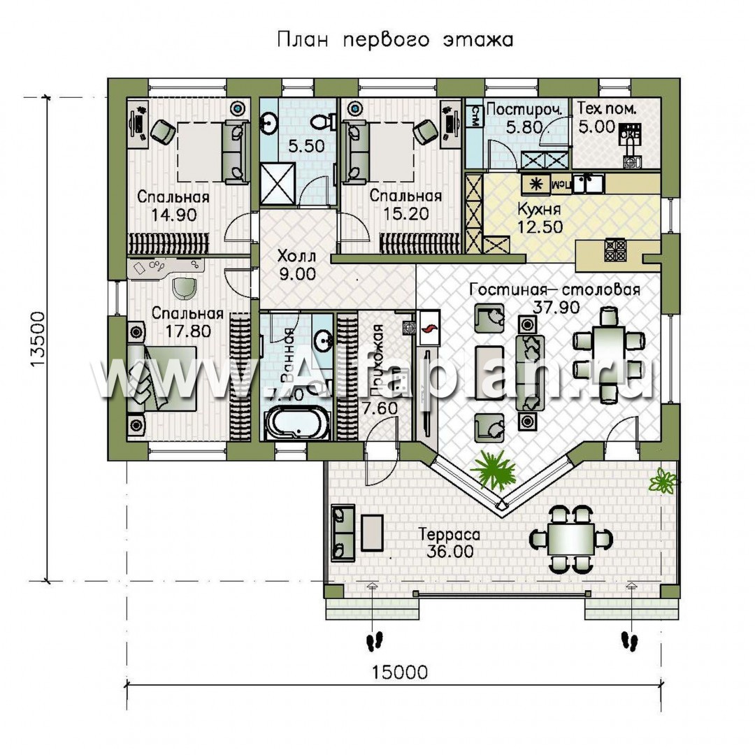 Проекты домов Альфаплан - «Бережки» - одноэтажный коттедж:  удачный план дома, красивый фасад - изображение плана проекта №1