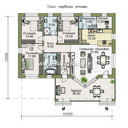 Проекты домов Альфаплан - «Бережки» - одноэтажный коттедж:  удачный план дома, красивый фасад - превью плана проекта №1