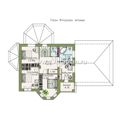 «Классика» - проект двухэтажного дома с эркером, планировка с кабинетом на 1 эт и с террасой, с гаражом на 2 авто - превью план дома