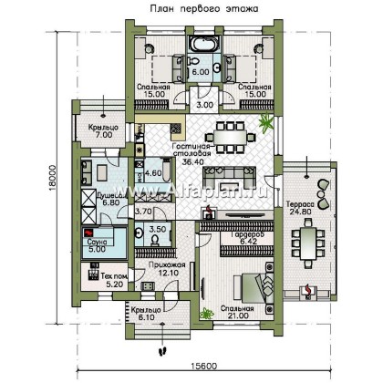 Проекты домов Альфаплан - «Аркада» - современный одноэтажный дом с фальцевой кровлей - превью плана проекта №1