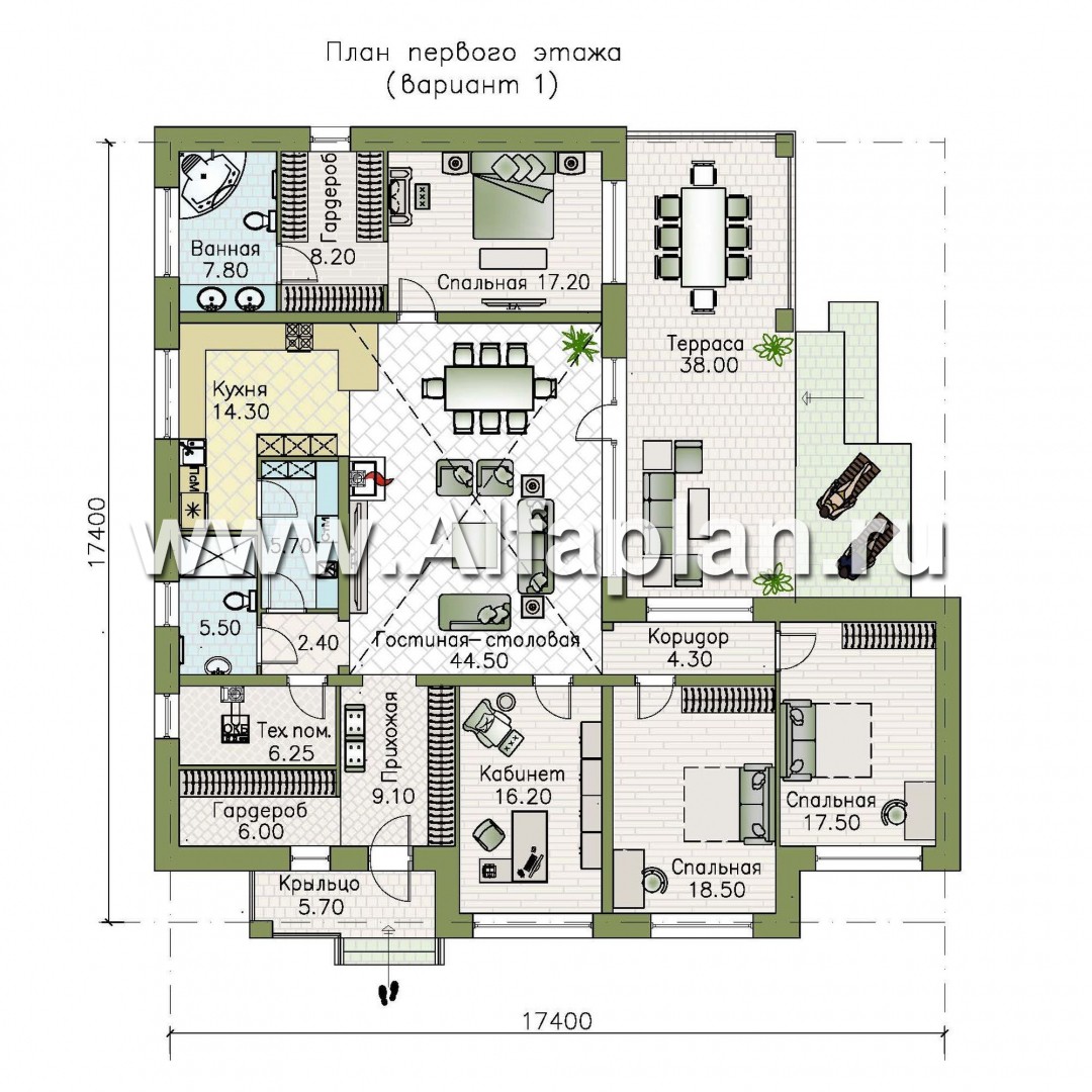 Проекты домов Альфаплан - «Горизонталь» - большой одноэтажный коттедж  в современном стиле - план проекта №1
