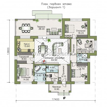 Проекты домов Альфаплан - «Аризона» - уютный одноэтажный дом с террасой - превью плана проекта №1