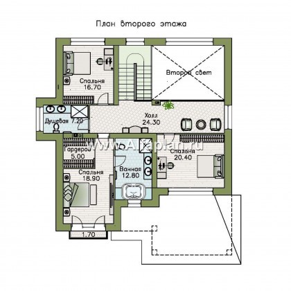«Сафо» - проект двухэтажного дома, из кирпича, второй свет гостиной, с сауной и с террасой - превью план дома