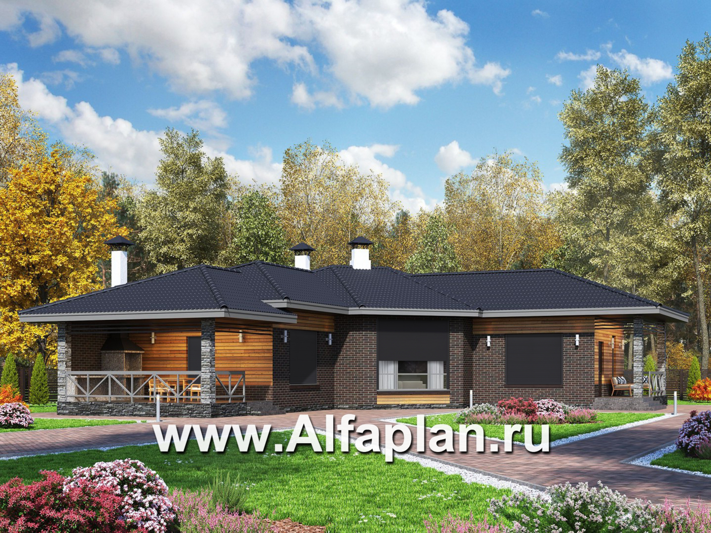 Проекты домов Альфаплан - «Квазар» - проект одноэтажного дома с диагональным планом - основное изображение