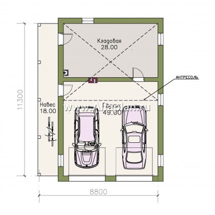 Проект гаража на 2 авто, с антресолью - превью план дома