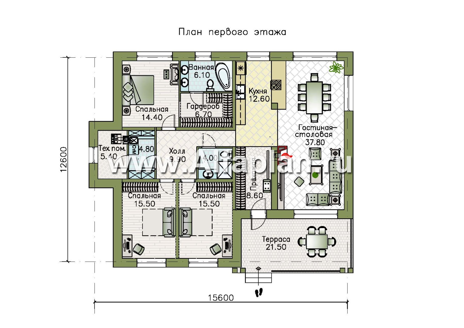 Проекты домов Альфаплан - «Риверсайд» - стильный одноэтажный коттедж с мастер-спальней - изображение плана проекта №1