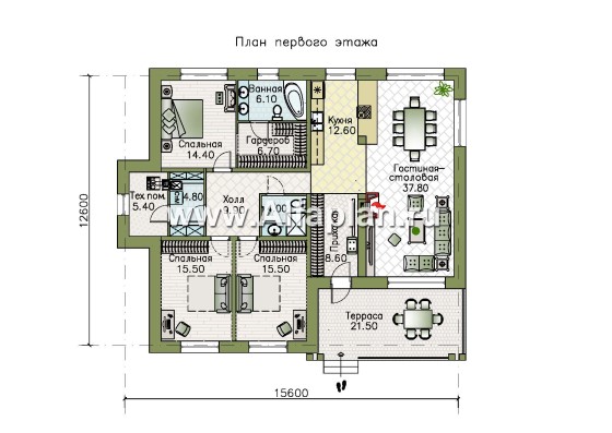 Проекты домов Альфаплан - «Риверсайд» - стильный одноэтажный коттедж с мастер-спальней - превью плана проекта №1