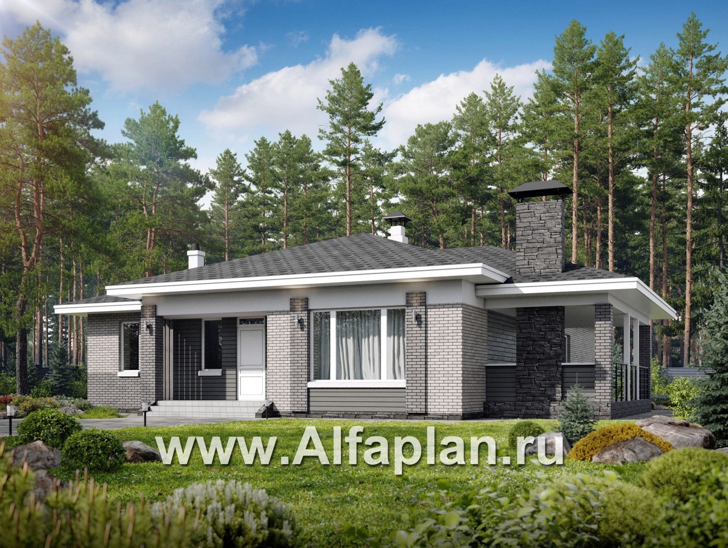 Проекты домов Альфаплан - «Юкон» - проект просторного одноэтажного дома с террасой - основное изображение