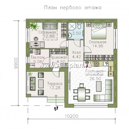 Проекты домов Альфаплан - «Дега» - стильный  проект одноэтажного дома с двумя спальнями - превью плана проекта №1