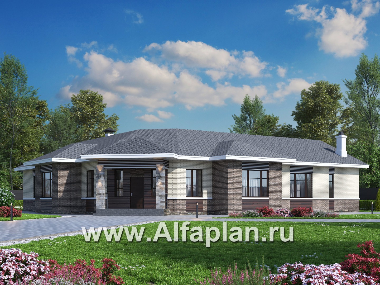 Проекты домов Альфаплан - «Модуль» — одноэтажный дом с диагональным планом, 4 спальни - основное изображение