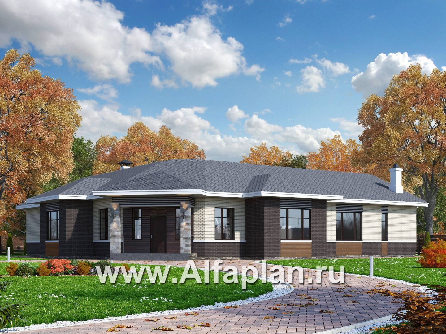 Проекты домов Альфаплан - «Модуль» — одноэтажный дом с диагональным планом, 4 спальни - дополнительное изображение №1