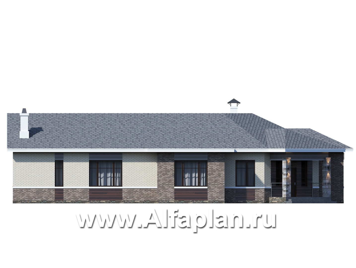 Проекты домов Альфаплан - «Модуль» — одноэтажный дом с диагональным планом, 4 спальни - изображение фасада №1