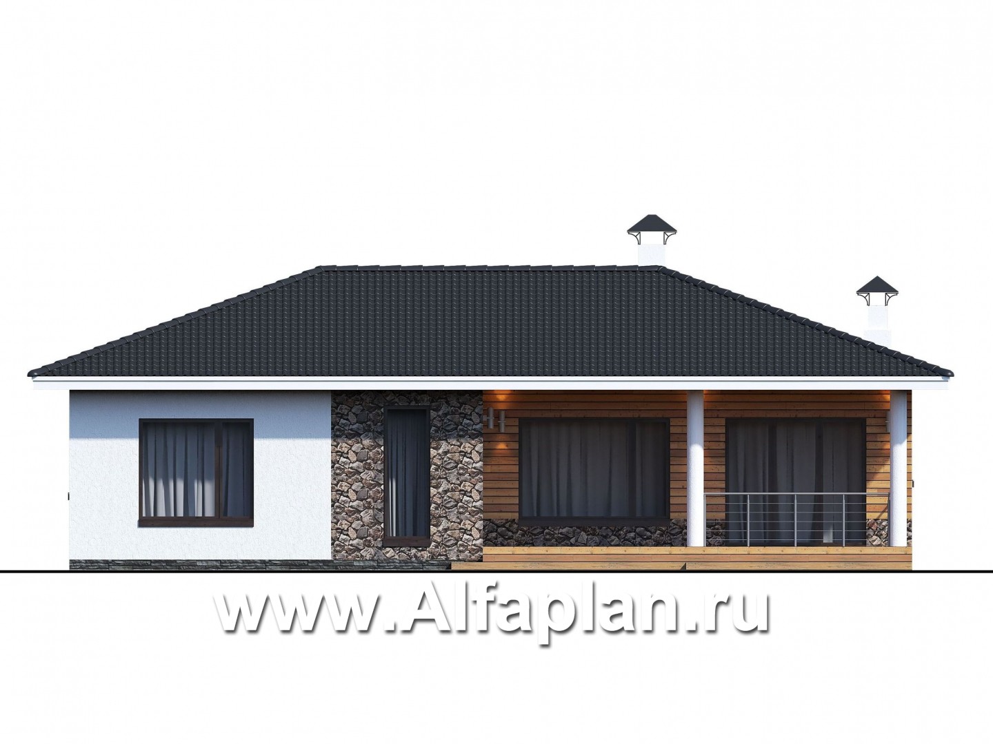 Проекты домов Альфаплан - "Гравитация" - проект одноэтажного дома с тремя спальнями - изображение фасада №1