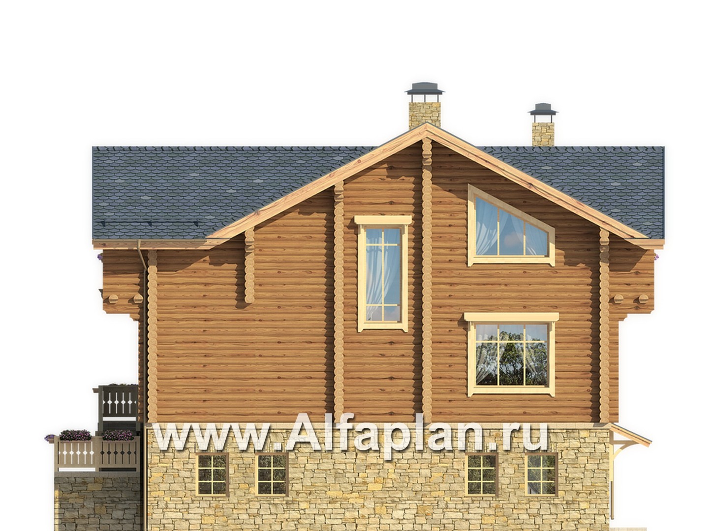 Проекты домов Альфаплан - "Традиция" - дом из бревен на каменном цоколе, подойдет для участков с рельефом - изображение фасада №2