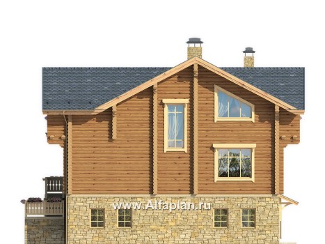 Проекты домов Альфаплан - "Традиция" - дом из бревен на каменном цоколе, подойдет для участков с рельефом - превью фасада №2