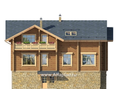 Проекты домов Альфаплан - "Традиция" - дом из бревен на каменном цоколе, подойдет для участков с рельефом - превью фасада №4