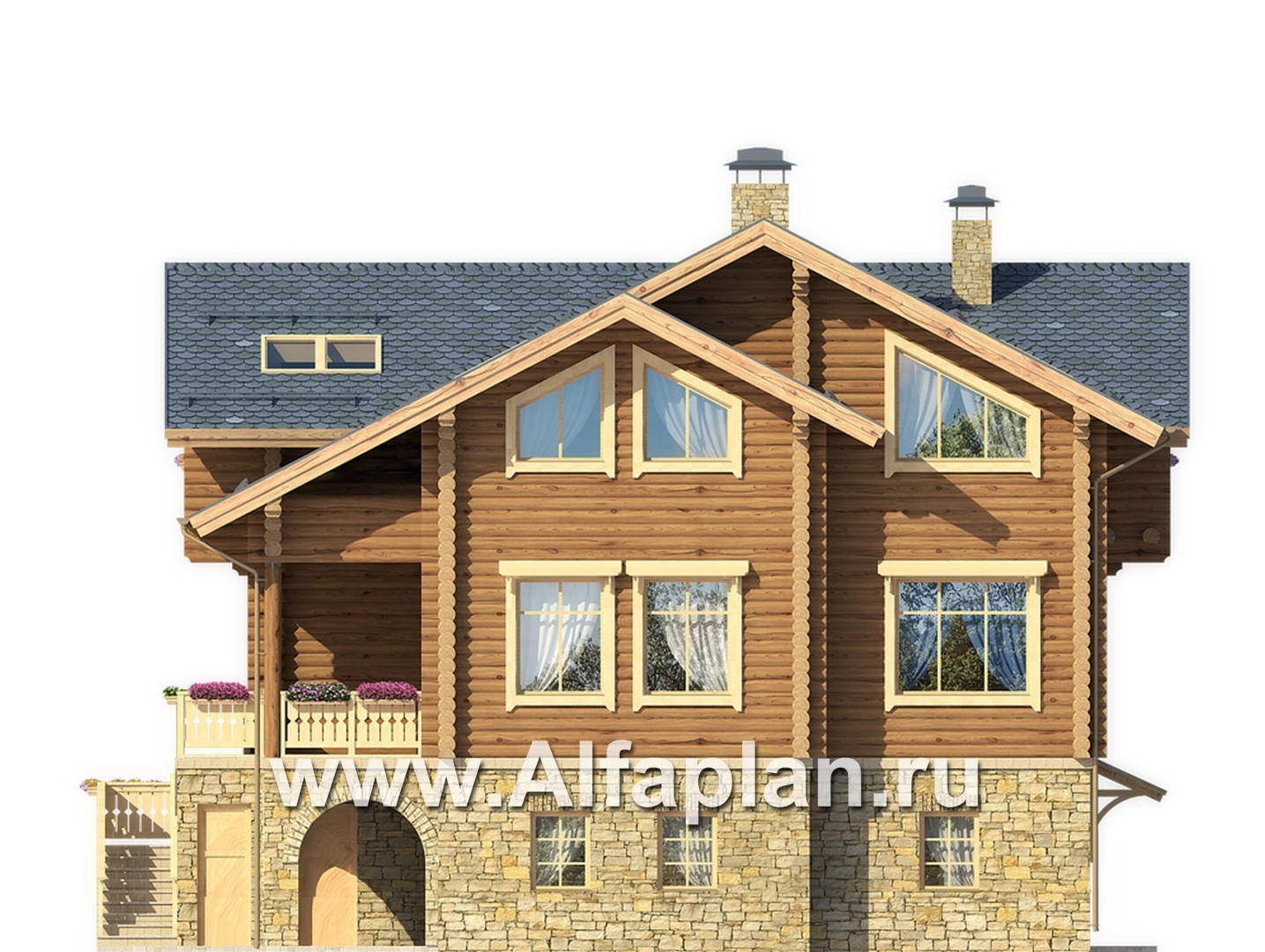 Проекты домов Альфаплан - "Традиция" - дом из бревен на каменном цоколе, подойдет для участков с рельефом - изображение фасада №2