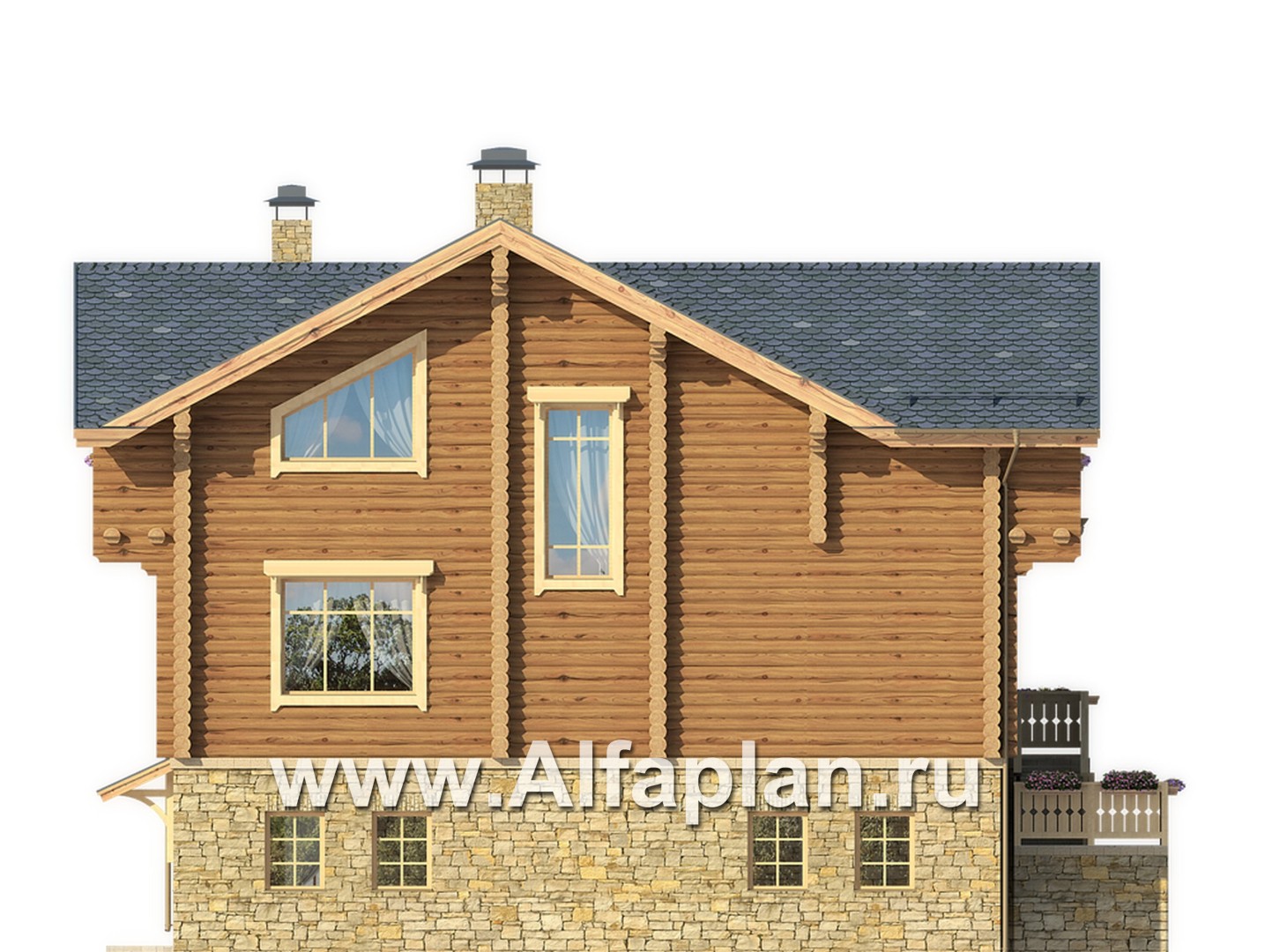 Проекты домов Альфаплан - "Традиция" - дом из бревен на каменном цоколе, подойдет для участков с рельефом - изображение фасада №3