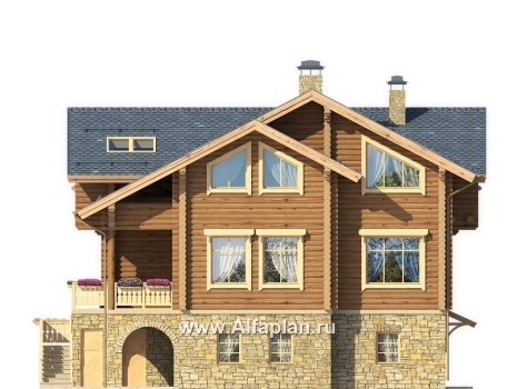 Проекты домов Альфаплан - "Традиция" - дом из бревен на каменном цоколе, подойдет для участков с рельефом - превью фасада №2