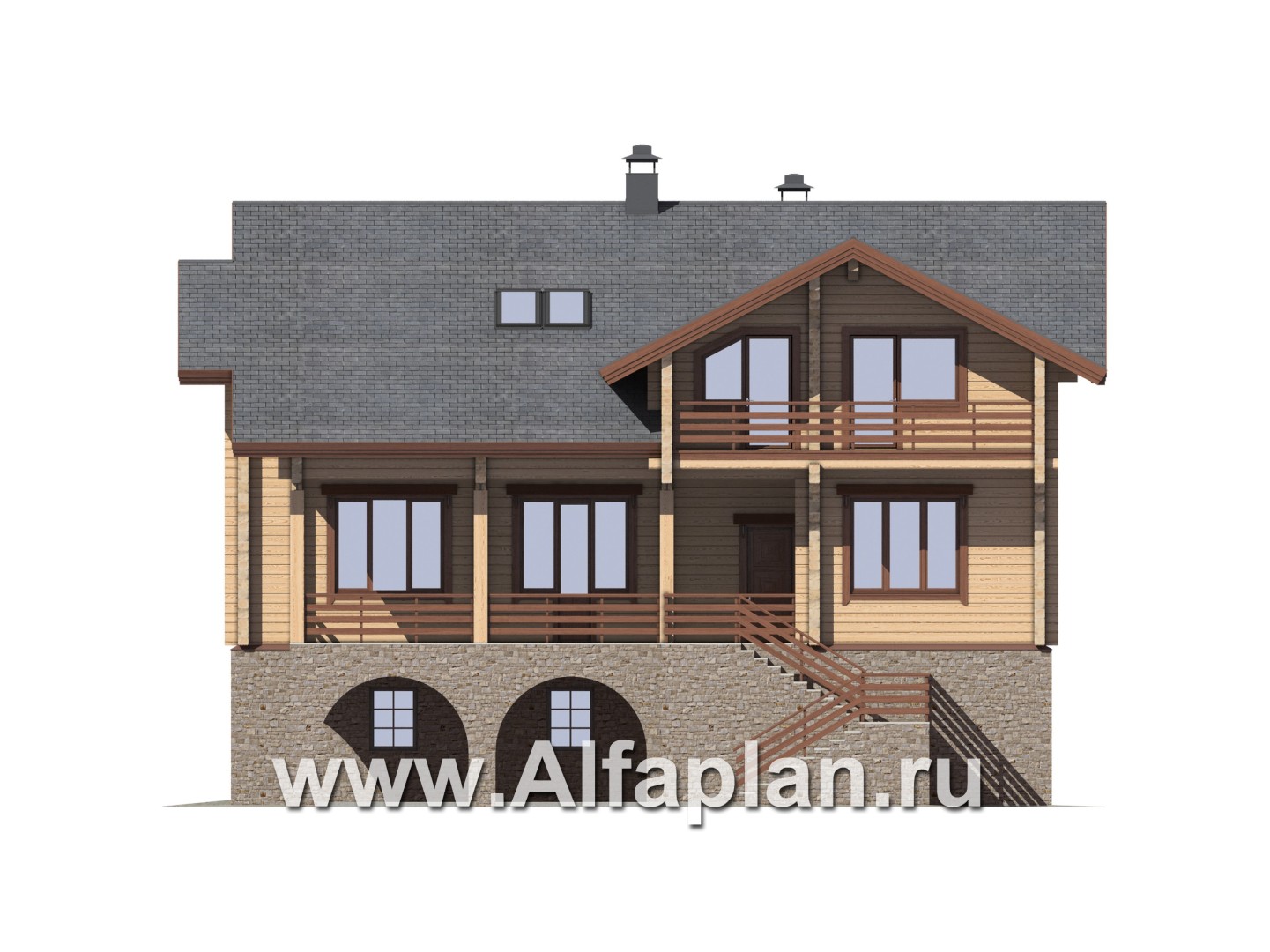 Проекты домов Альфаплан - "Традиция" - дом из бревен с гаражом в цокольном этаже из камня - изображение фасада №1