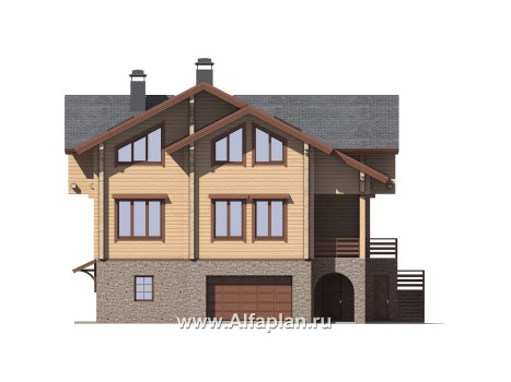 Проекты домов Альфаплан - "Традиция" - дом из бревен с гаражом в цокольном этаже из камня - превью фасада №3