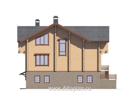Проекты домов Альфаплан - "Традиция" - дом из бревен с гаражом в цокольном этаже из камня - превью фасада №3