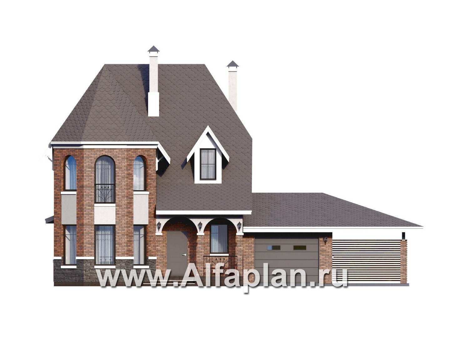 Проекты домов Альфаплан - Проект двухэтажного дома с эркером и гаражом - изображение фасада №1