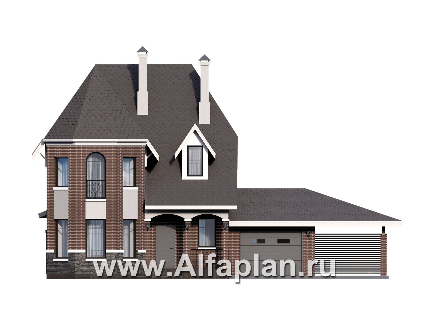 Проекты домов Альфаплан - Проект двухэтажного дома с эркером и гаражом - изображение фасада №1