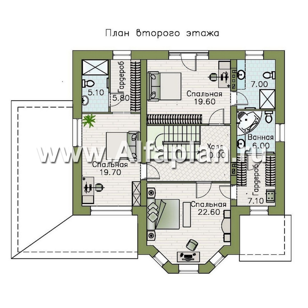 Проекты домов Альфаплан - Проект двухэтажного дома с эркером и лестницей в гостиной - изображение плана проекта №2